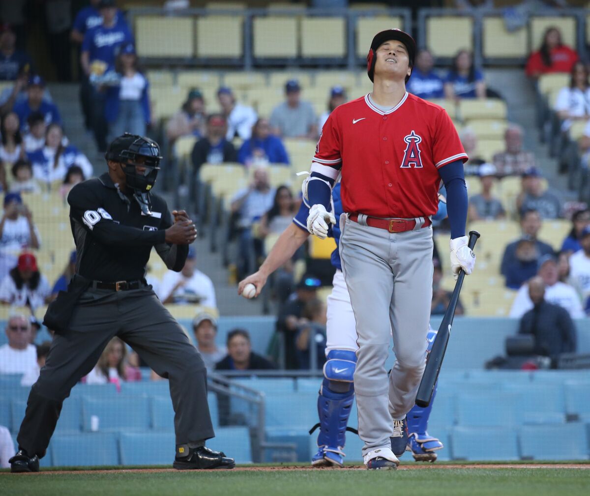 Angels' Shohei Ohtani thought he was getting a walk but struck out instead against the Dodgers.