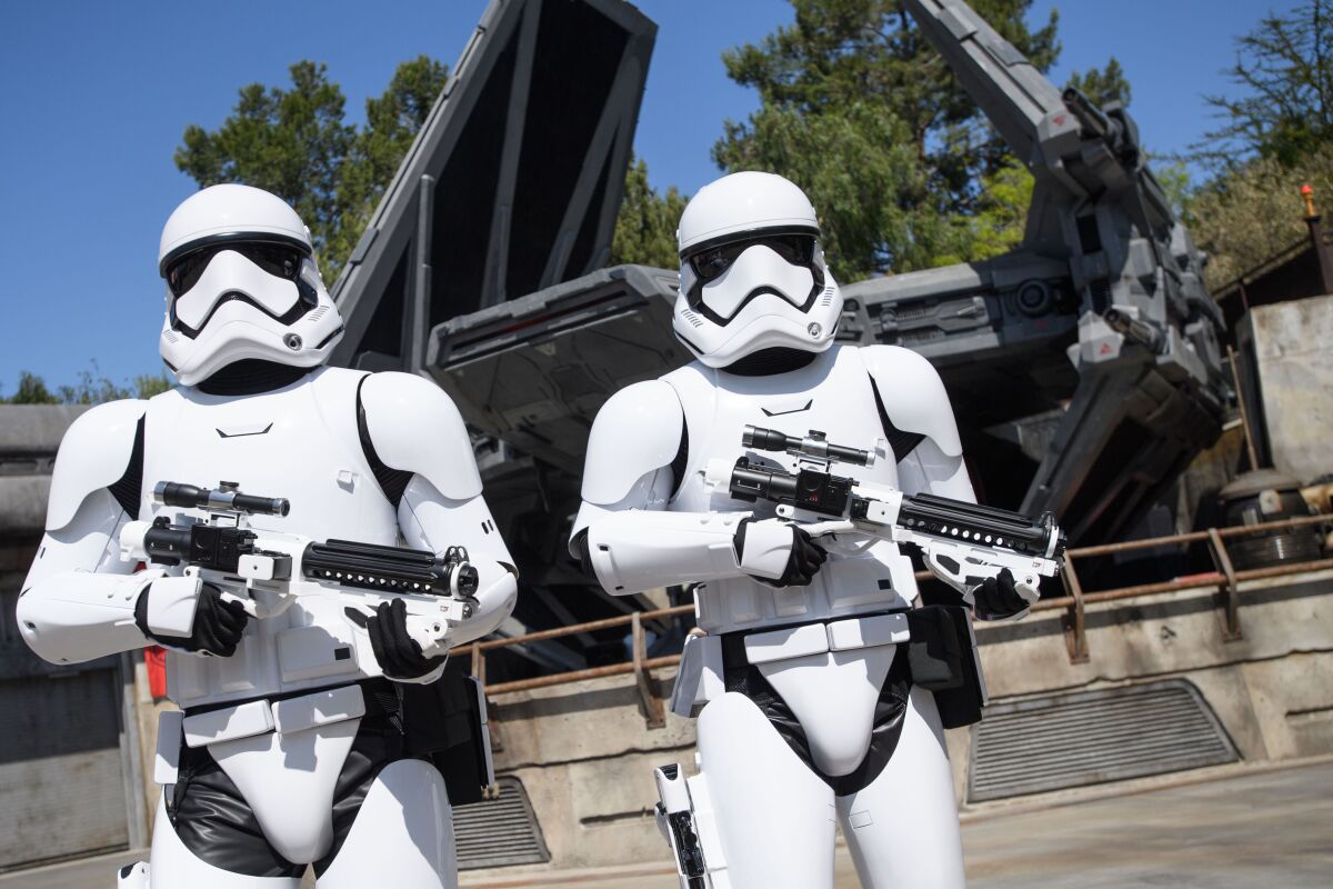 Stormtroopers patrol the First Order docking bay area of Star Wars: Galaxy's Edge, a 14-acre immersive land that opens Friday at Disneyland Park in Anaheim.