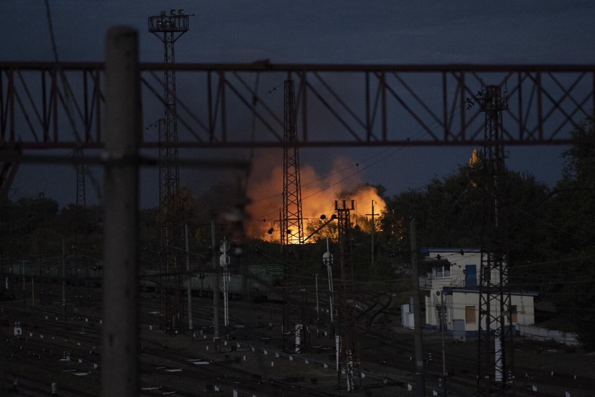 Flames rise from a fire following a Russian attack in Pokrovsk, Ukraine.