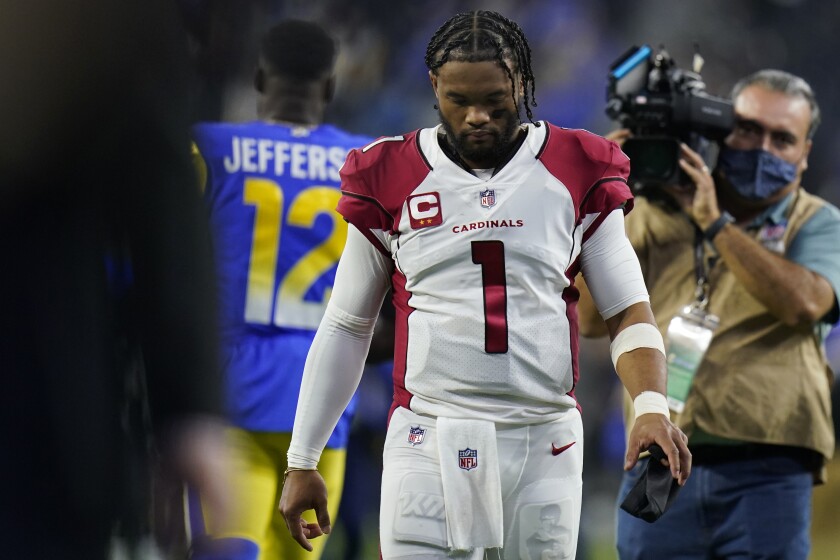 Arizona Cardinals quarterback Kyler Murray (1) walks off the field after the Los Angeles Rams defeated the Cardinals in an NFL wild-card playoff football game in Inglewood, Calif., Monday, Jan. 17, 2022. (AP Photo/Jae C. Hong)