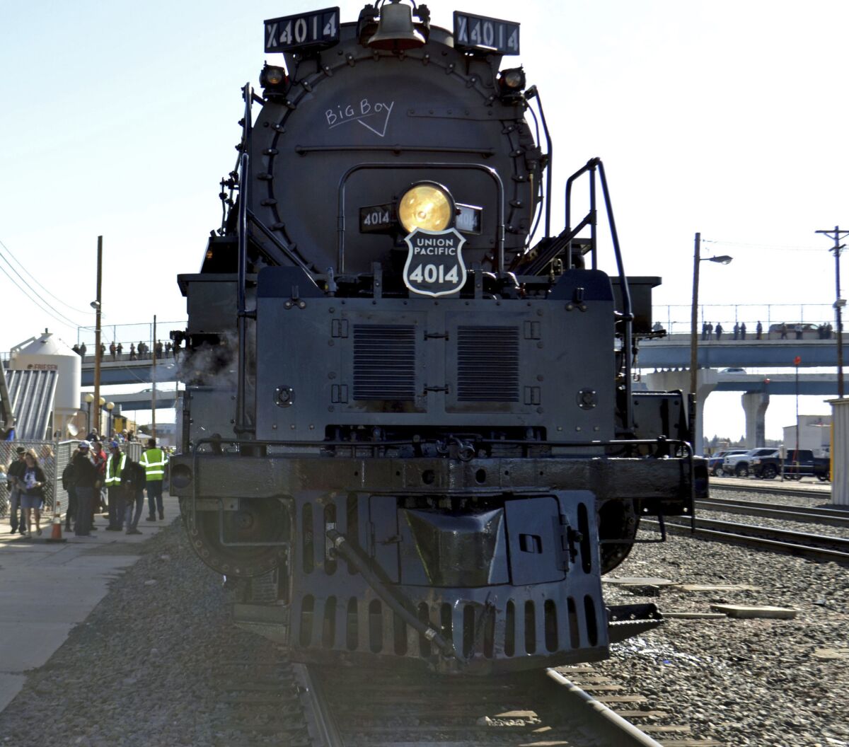 Big Boy No. 4014 rolls out of a Union Pacific restoration shop at the Cheyenne Depot Museum in Cheyenne, Wyo., on May 4.