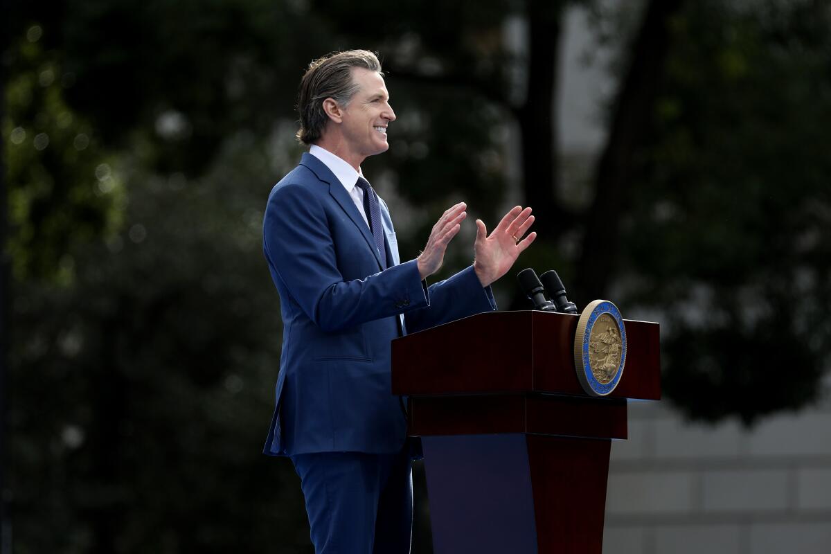 Gov. Gavin Newsom gives the inaugural address after taking the oath of office Jan. 6.