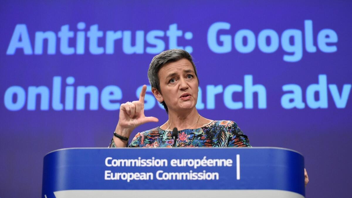 European Union Commissioner of Competition Margrethe Vestager discusses the fine against Google at a news conference Wednesday.