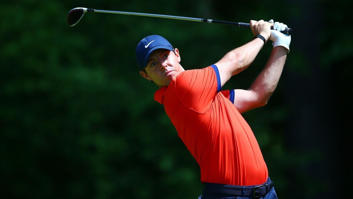 Rory McIlroy hits off the seventh tee during the final round of the RBC Canadian Open on June 9.