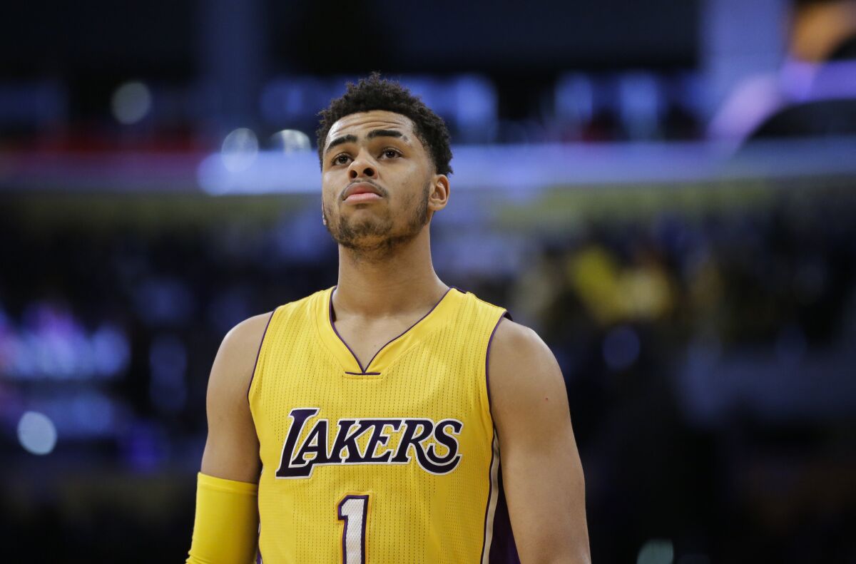 Lakers guard D'Angelo Russell makes his way down the court during the first half of a game March 4 against the Atlanta Hawks at Staples Center.