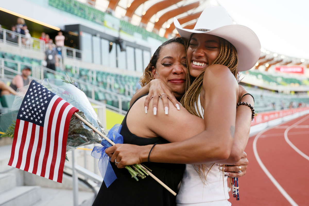 Tara Davis celebrates with her mother, Rayshon Davis, after finishing second at the U.S. Olympic trials.