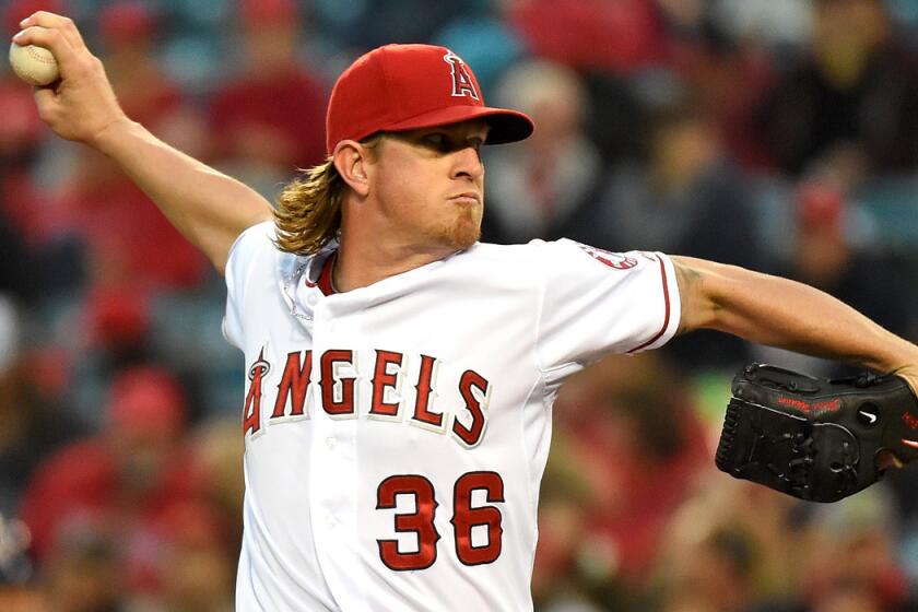 Angels pitcher Jered Weaver pitches during a 2-0 shutout against the Houston Astros at Angel Stadium on Friday.