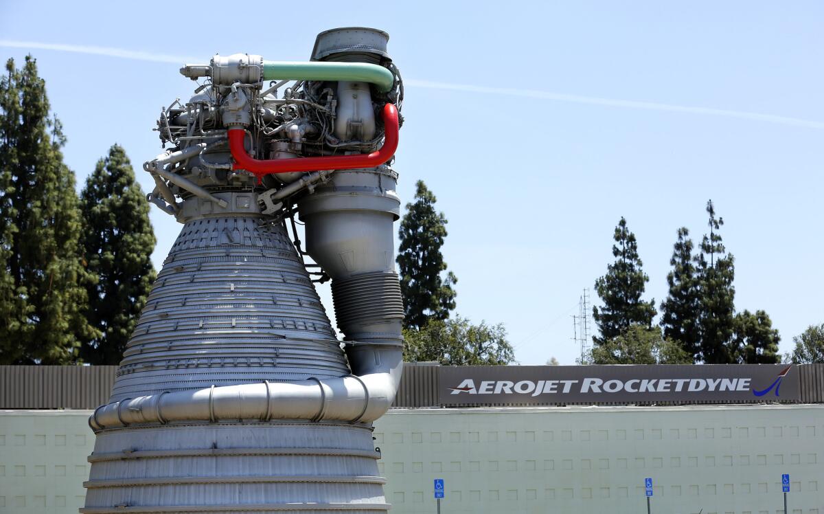 A model of the F-1 gas-generator cycle rocket engine used in the Saturn V rocket in the 1960s and early '70s can be seen near the entrance to the Aerojet Rocketdyne facility in Canoga Park.