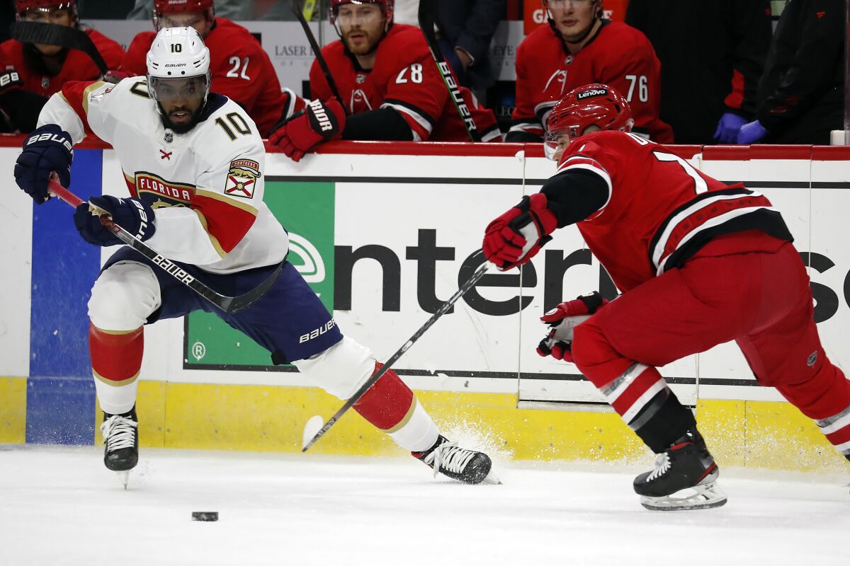 Florida Panthers' Anthony Duclair (10) moves the puck around Carolina Hurricanes' Tony DeAngelo (77) during the first period of an NHL hockey game in Raleigh, N.C., Saturday, Jan. 8, 2022. (AP Photo/Karl B DeBlaker)