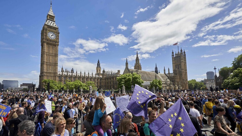 Supporters of Britain remaining in the European Union rally in front of Parliament in London in 2016.