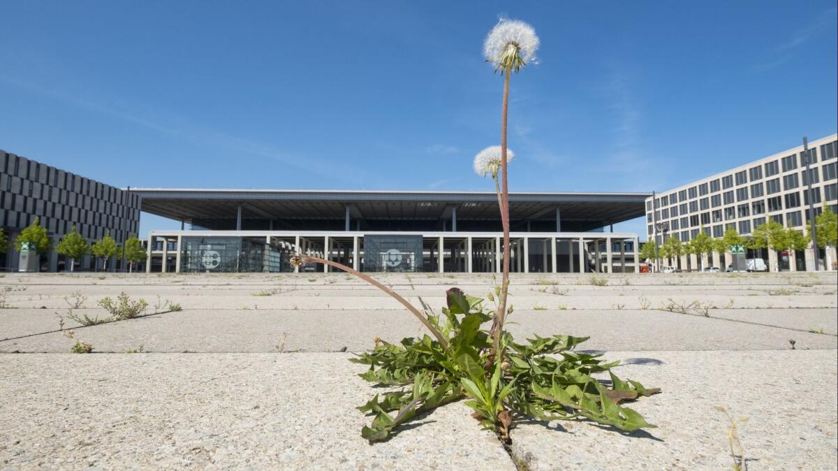 Weeds grow at the unfinished Berlin Brandenburg Airport, which is seven years past its scheduled opening. The new target date is 2020.