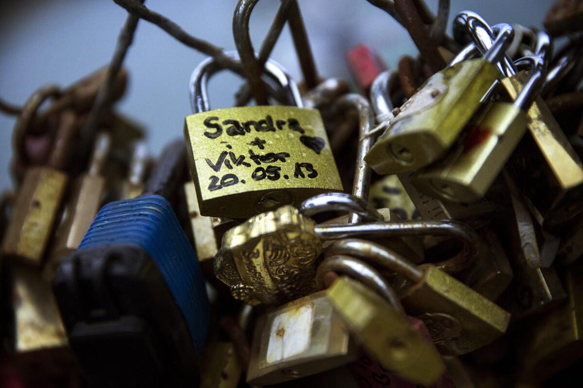 Love locks attached to the Pont des Arts in Paris.