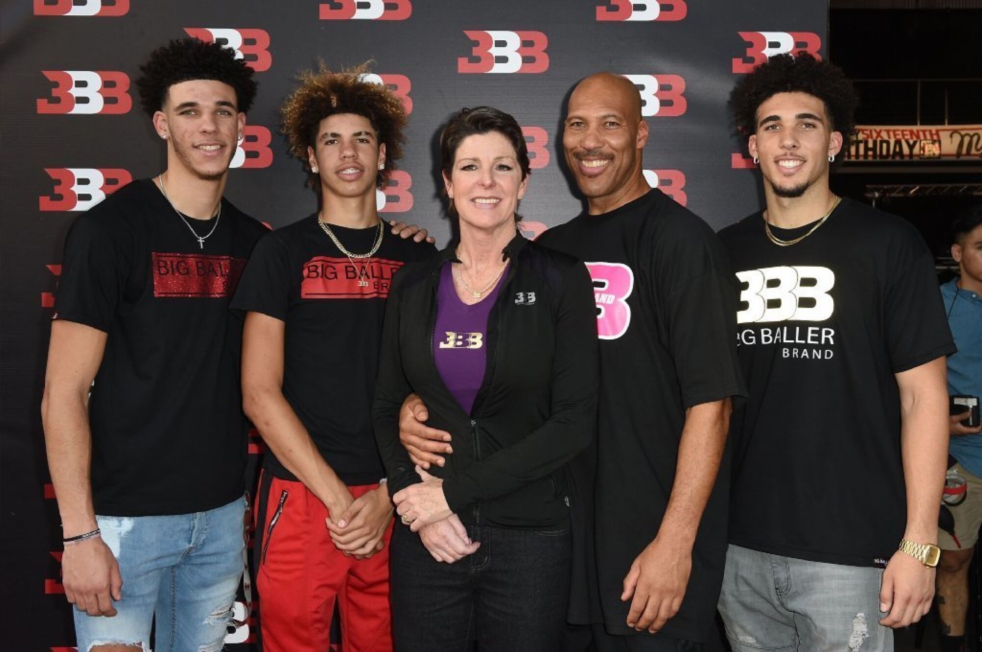 LaVar Ball, second from right, with sons (from left) Lonzo, LaMelo and LiAngelo and wife Tina.
