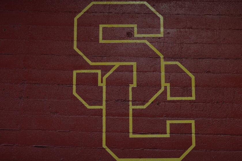 A detail view of the University of Southern California logo painted on the wall prior to a week 11 NFL football game between the Los Angeles Rams and the Kansas City Chiefs on Monday, Nov. 19, 2018 in Los Angeles. Los Angeles won 54-51. (Aaron M. Sprecher via AP)