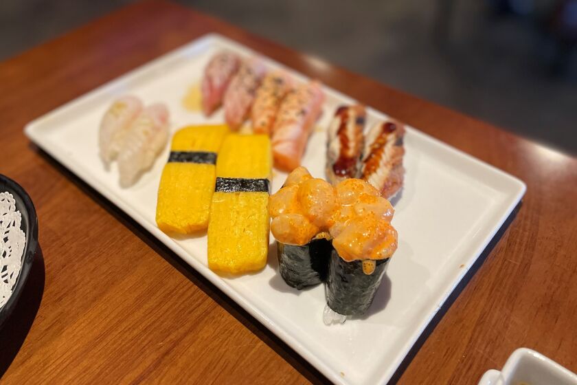 Nigiri from Eat's Sushi in Costa Mesa, a more affordable sushi option, according to restaurant critic Edwin Goei.