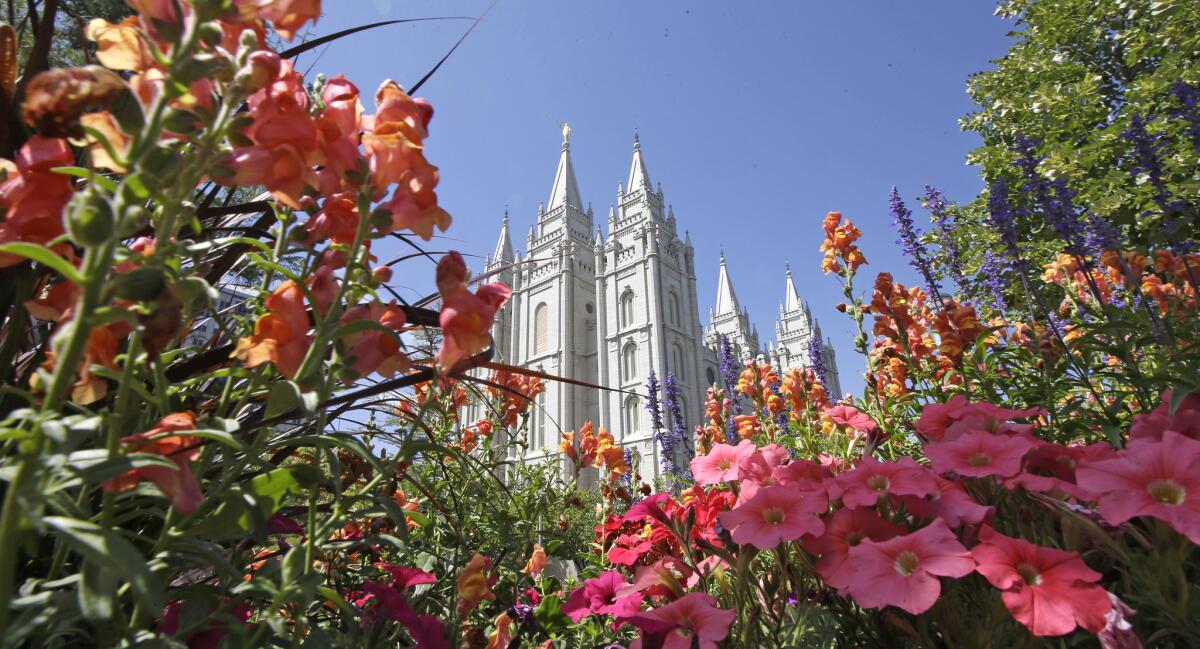 Flowers bloom in front of the Mormon church's Salt Lake Temple in Salt Lake City.