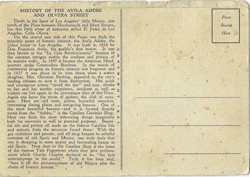 The reverse of a vintage postcard, titled: "History of the Avila Adobe and Olvera Street"