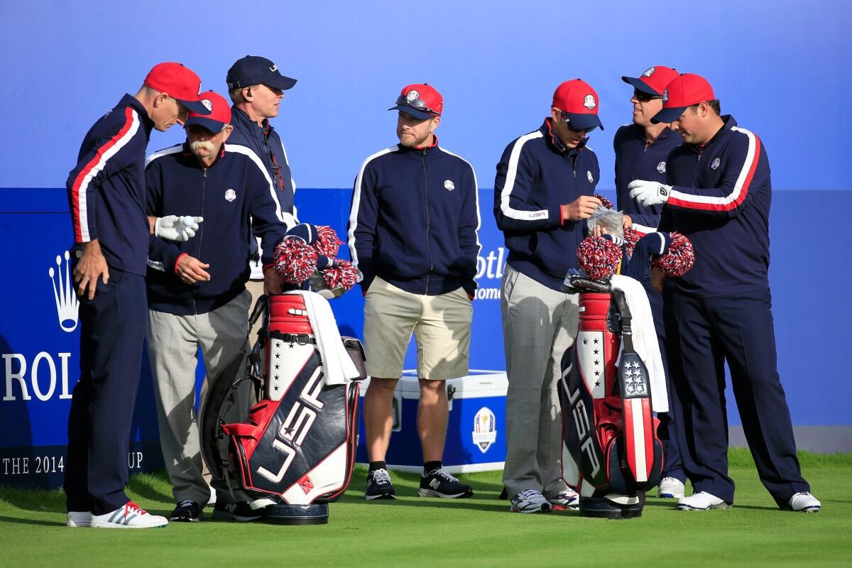 The U.S. Ryder Cup team talks during practice Tuesday ahead of the 2014 event at Gleneagles, Scotland. The U.S. last won the Ryder Cup in 2008.