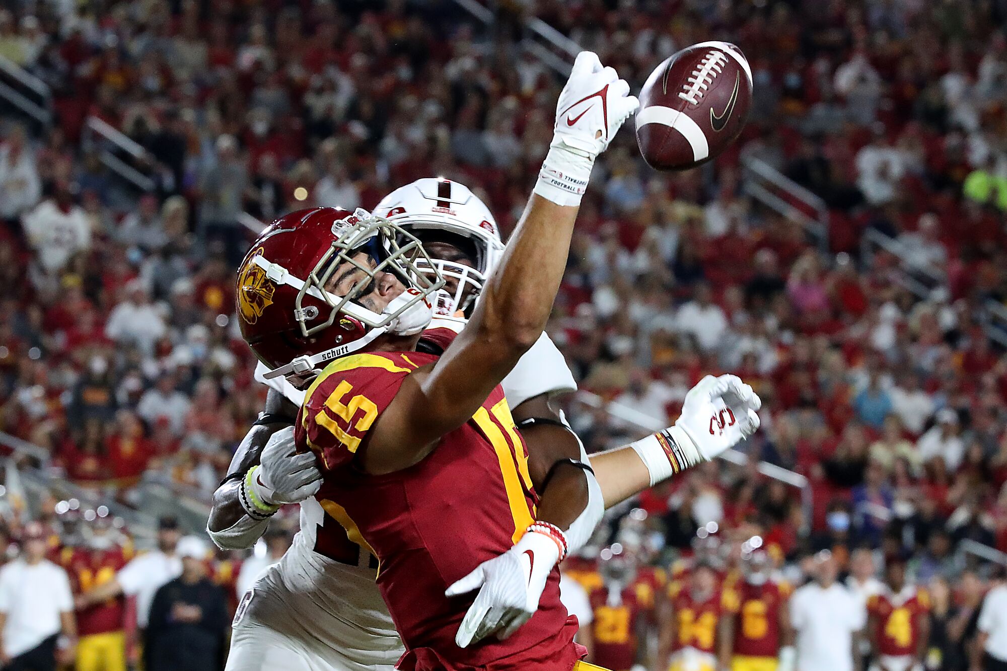 USC receiver Drake London can't hold on to the ball as Stanford cornerback Kyu Blu Kelly defends 