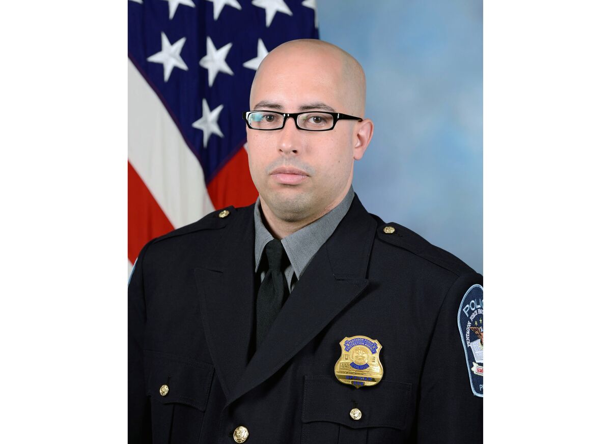 This undated photo provided by the Pentagon Force Protection Agency shows Pentagon Police Officer George Gonzalez. On Tuesday, Aug. 3, 2021, Gonzalez died after being stabbed during a burst of violence at a transit center outside the Pentagon building, and a suspect was shot by law enforcement and died at the scene. (Pentagon Force Protection Agency via AP)