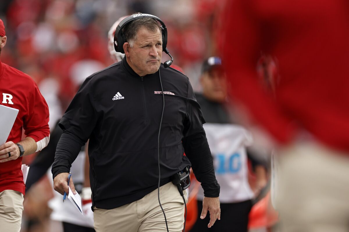 Rutgers head coach Greg Schiano looks on during the second half of an NCAA college football game against Michigan State, Saturday, Oct. 9, 2021, in Piscataway, N.J. Michigan State won 31-13. (AP Photo/Adam Hunger)