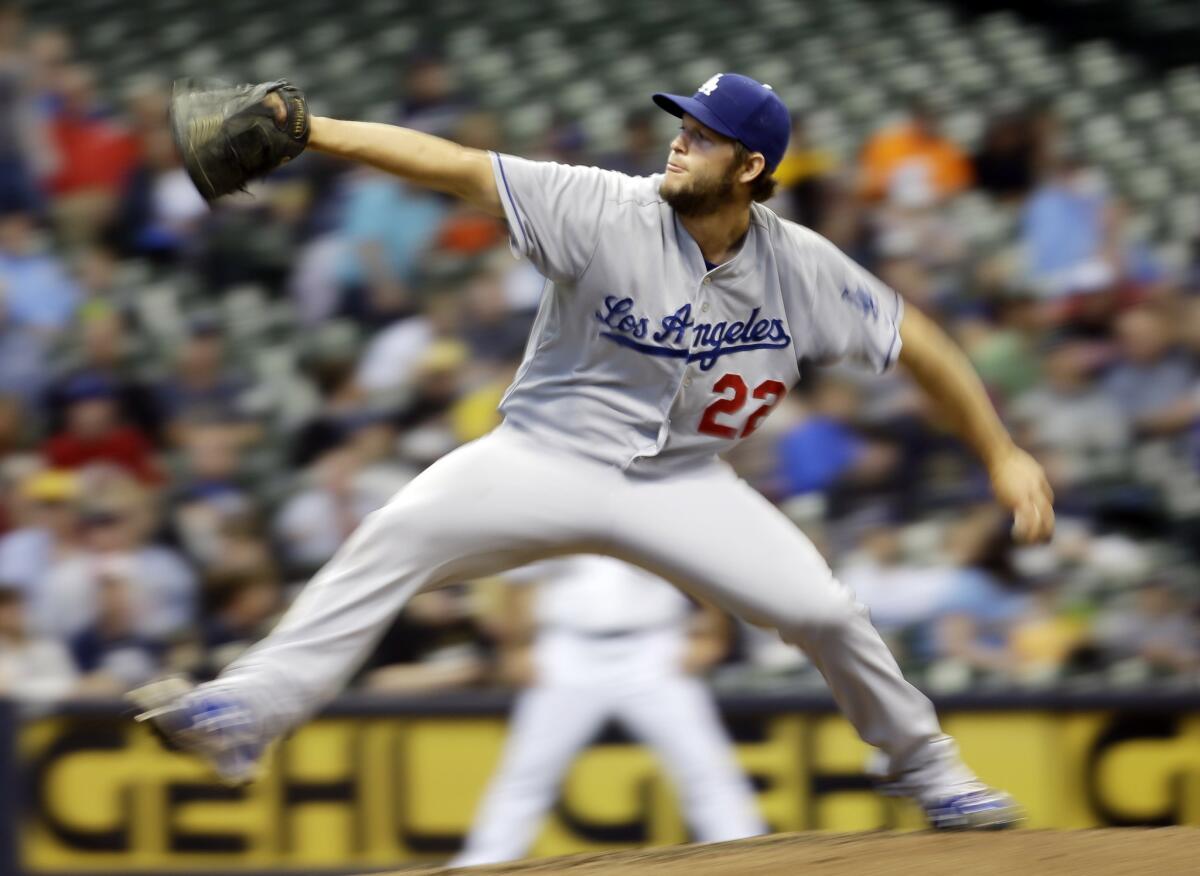 Dodgers starting pitcher Clayton Kershaw cruised through the first five innings, but the Dodgers lost to the Brewers, 4-3.