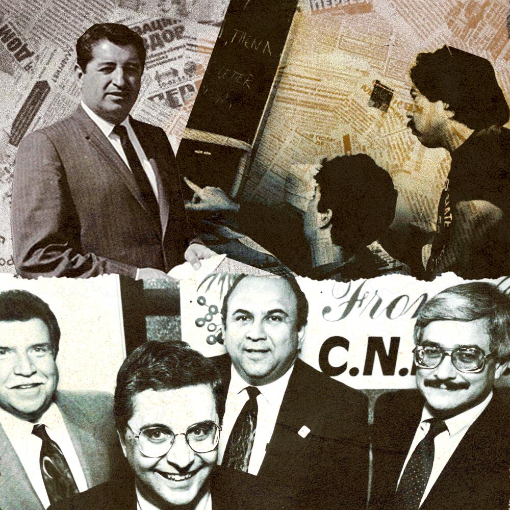 A black and white collage of past CCNMA members and Ruben Salazar