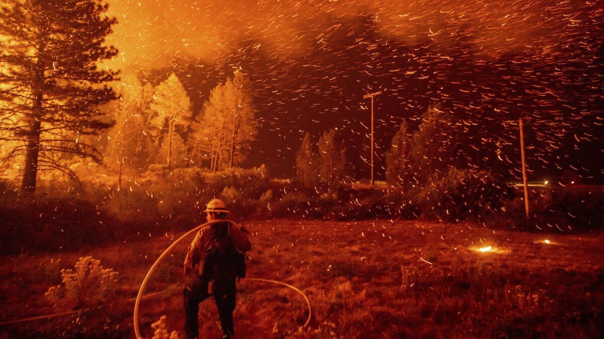 Embers fly above a firefighter as he works to control a backfire while the Delta fire burns in the Shasta-Trinity National Forest on Sept. 6.