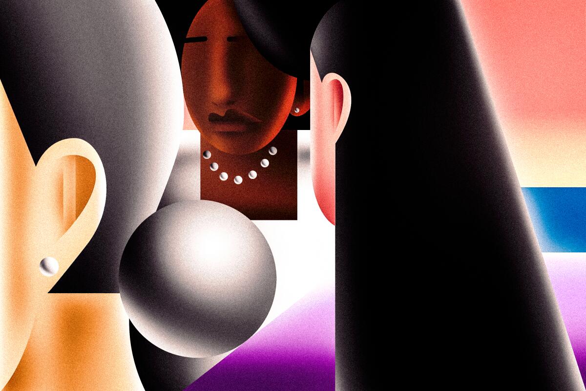 Illustration of a woman with dark skin tone. A woman with light tone looks at her. A woman with medium tone looks away.