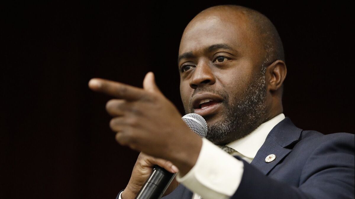 State Supt. of Public Instruction Tony Thurmond addresses a crowd in Buena Park on Nov. 5, 2018.