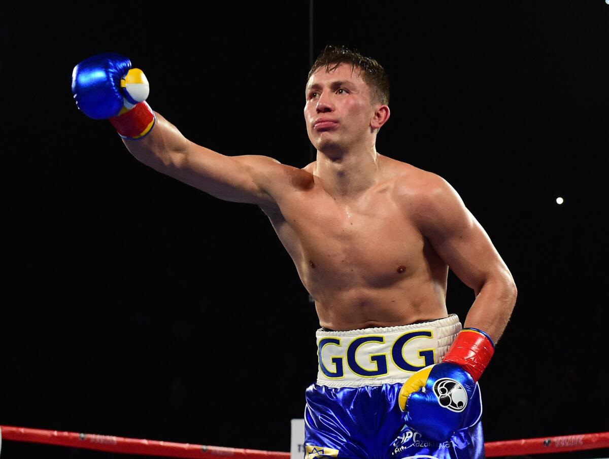 Gennady Golovkin of Kazakhstan celebrates a second round TKO of Dominic Wade during a fight at the Forum on Saturday.