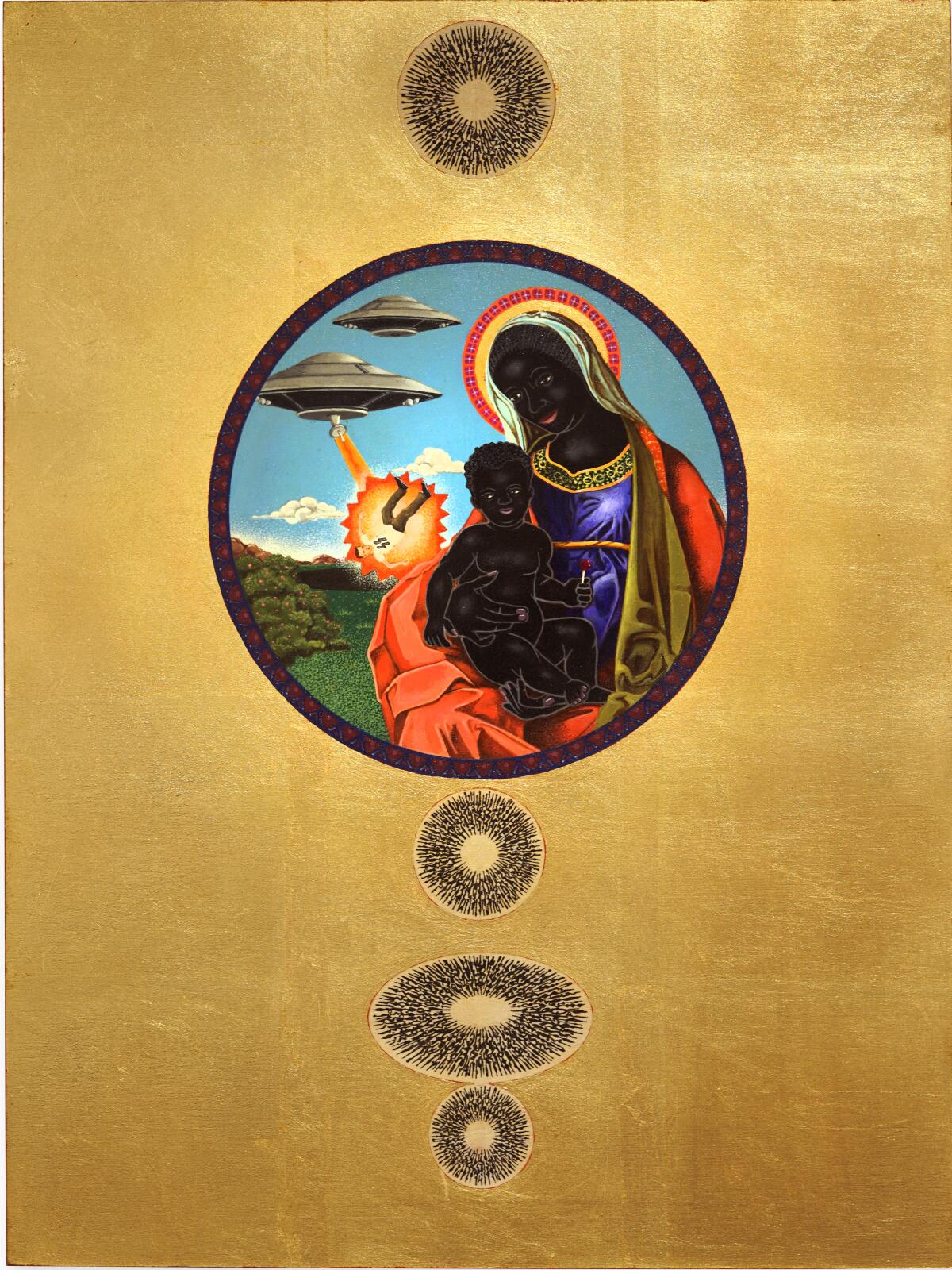 A Renaissance style painting shows a Black Madonna and child while in the background a UFO zaps a white supremacist.