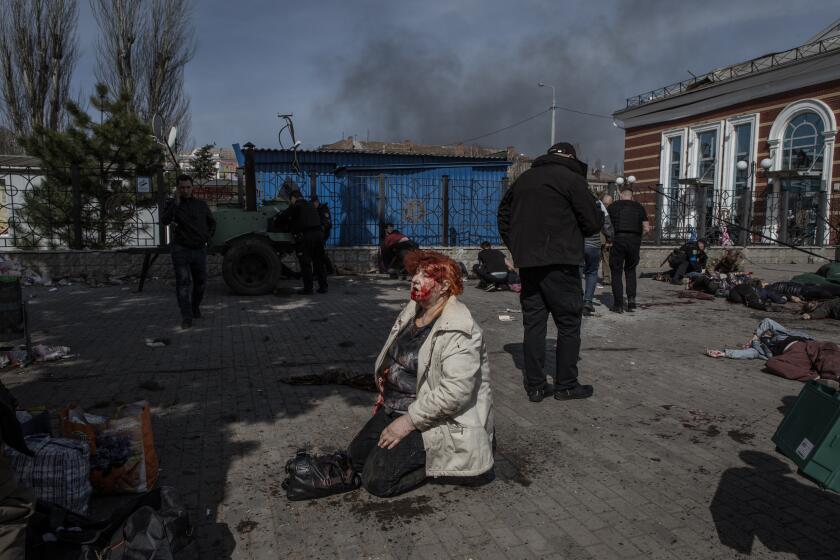 KRAMATORSK, UKRAINE - APRIL 08: (EDITORS NOTE: Image depicts death) A view of the scene after over 30 people were killed and more than 100 injured in a Russian attack on a railway station in eastern Ukraine on April 8, 2022. Two rockets hit a station in Kramatorsk, a city in the Donetsk region, where scores of people were waiting to be evacuated to safer areas, according to Ukrainian Railways. (Photo by Andrea Carrubba/Anadolu Agency via Getty Images)