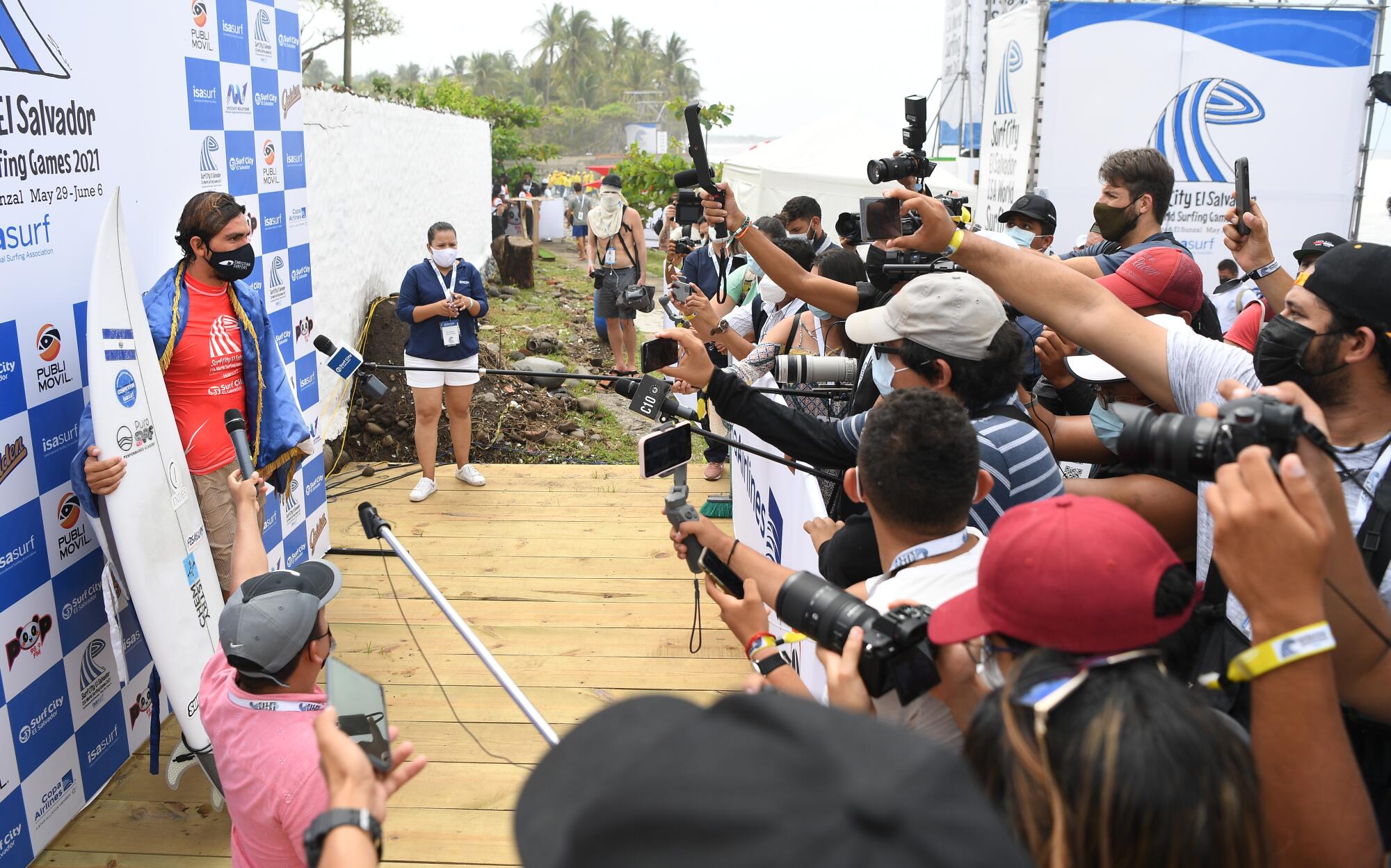 Bryan Perez answers questions from the media at the ISA World Surfing Games in El Salvador. 