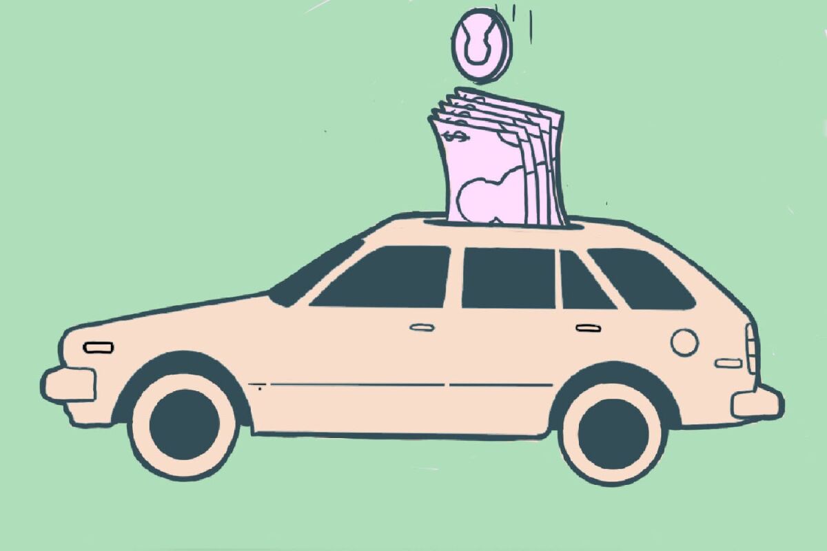 Illustration of money being inserted into the roof of a car.