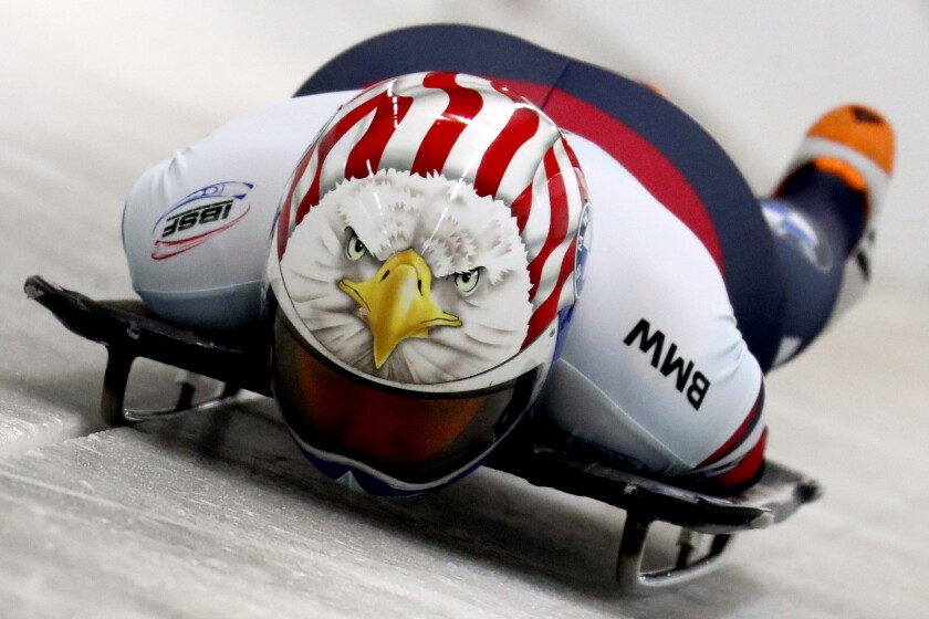 Katie Uhlaender of the United States starts during the women's skeleton race at the Bobsleigh and Skeleton World Championships in Altenberg, Germany, Thursday, Feb.11, 2021. (AP Photo/Matthias Schrader)