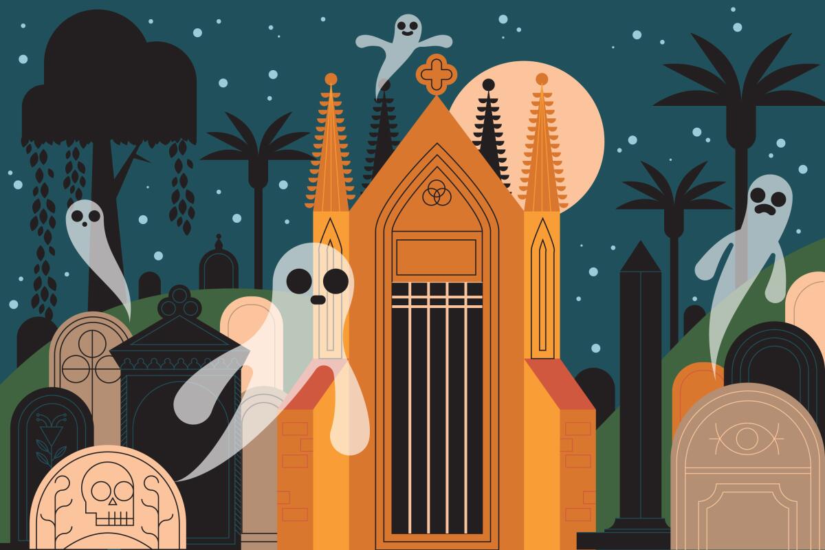 In an illustration, ghosts frolic around a mausoleum in a graveyard.