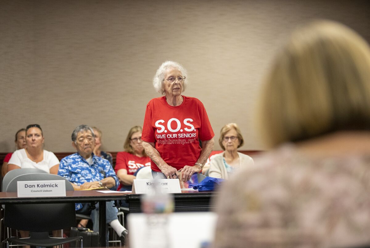 Mobile home resident Patricia Taylor speaks during the Huntington Beach Mobile Home Advisory Board meeting on Monday.