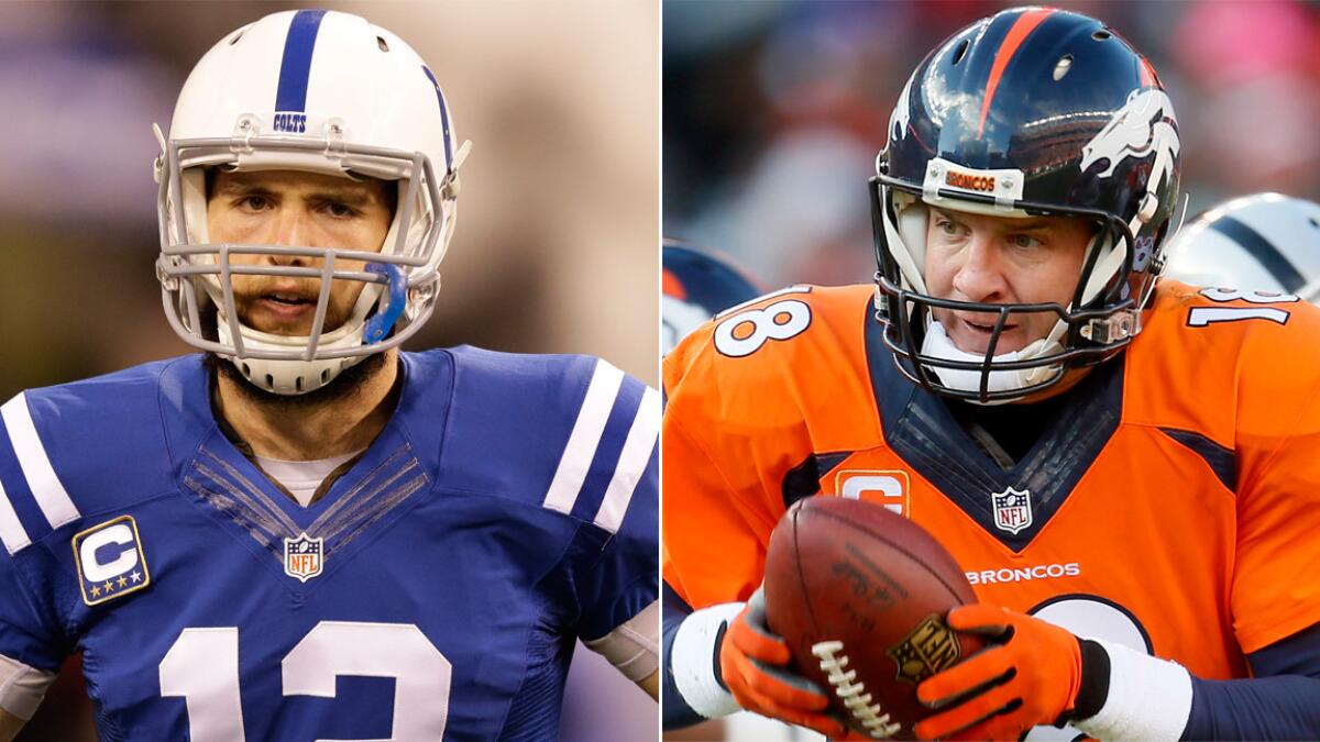Indianapolis Colts quarterback Andrew Luck, left, and Denver Broncos quarterback Peyton Manning will meet for the third time in Sunday's AFC divisional playoff matchup.