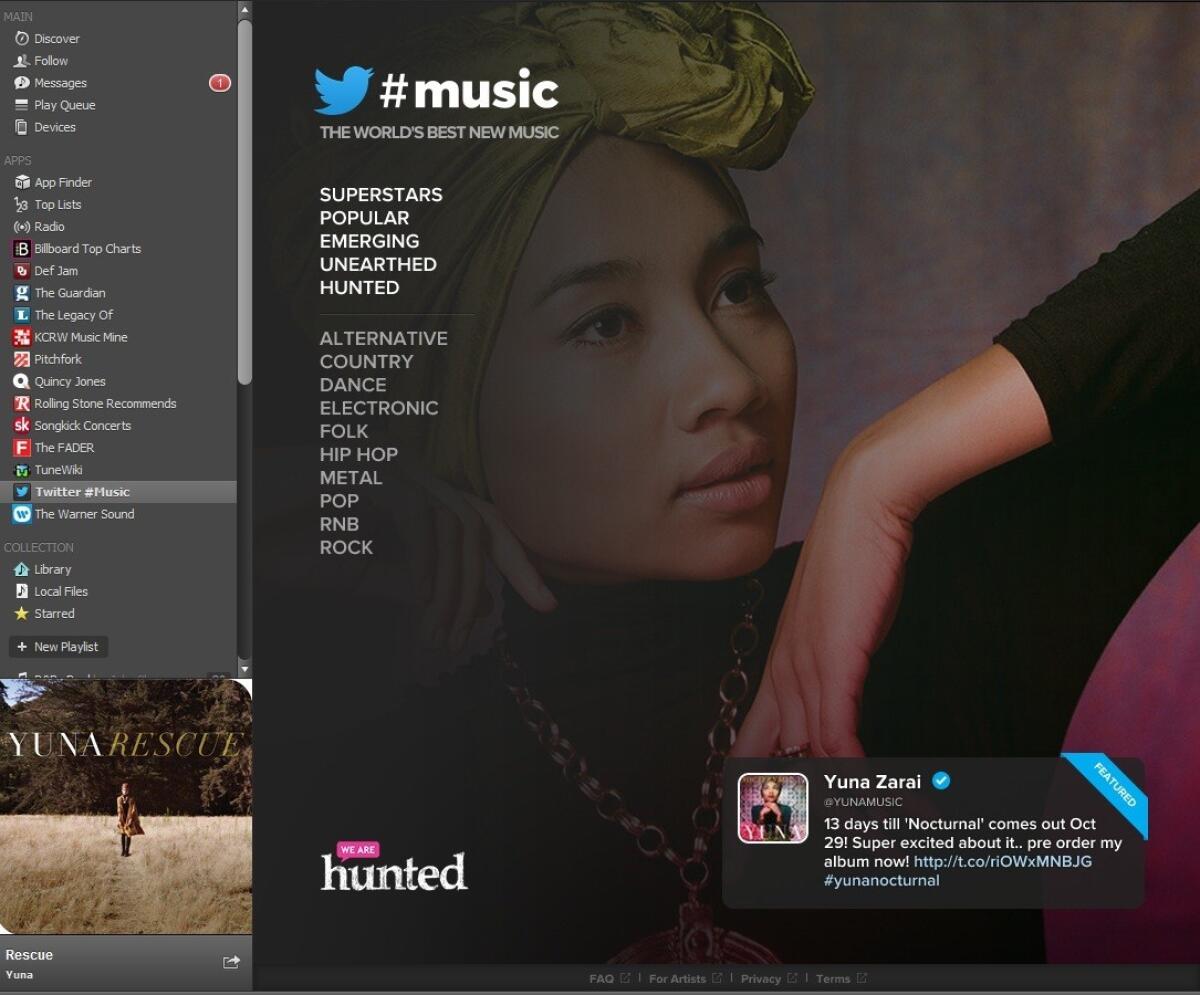 A screenshot of the Twitter #Music homepage through Spotify. Twitter is considering closing the service, which allows you to play or purchase the songs and discover the music people are buzzing about on the microblogging site.