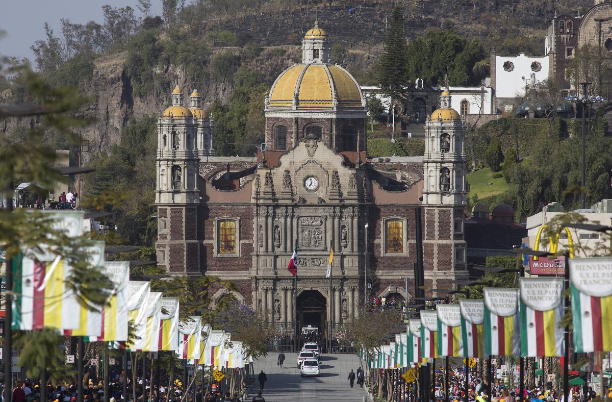 Pope Francis' motorcade arrives at the Basilica of Our Lady of Guadalupe during his visit in Mexico City, Calif., on Feb. 13, 2016.