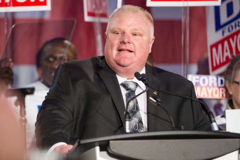 Former Toronto Mayor Rob Ford speaks at a campaign rally on April 17, 2014.