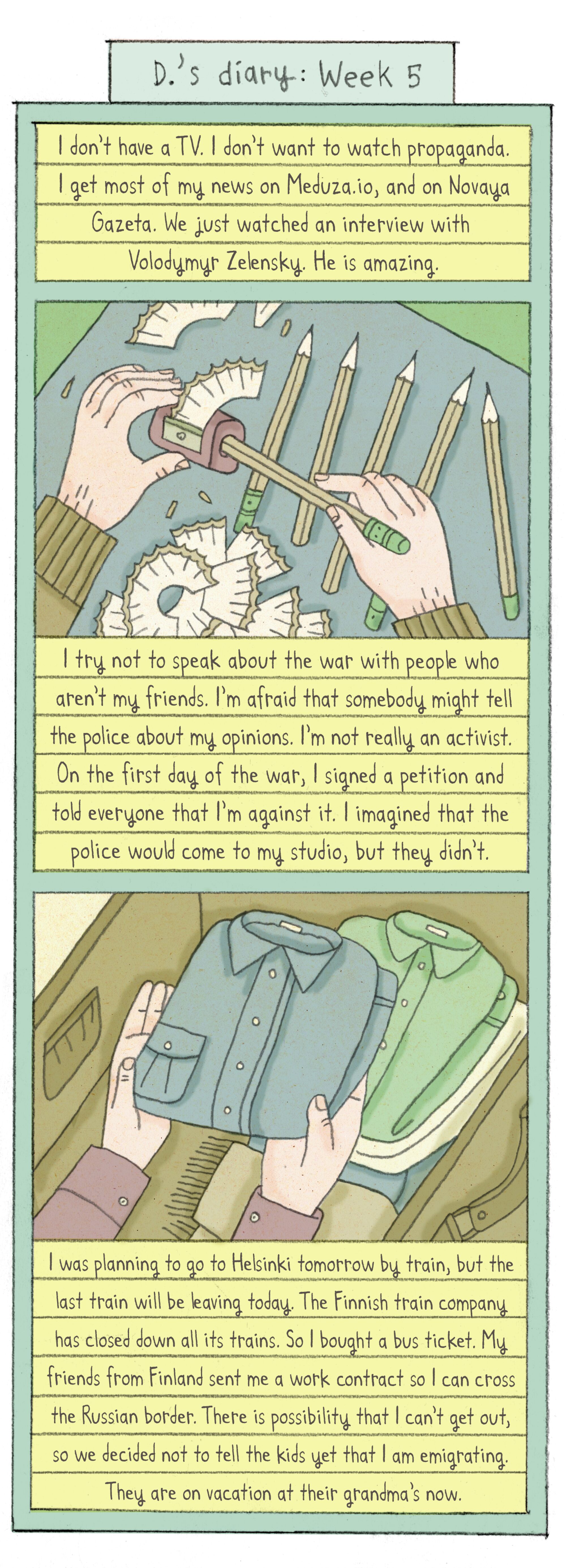 comic depicts hands sharpening pencils, folding clothes and packing a suitcase.