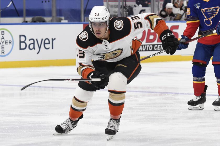 Anaheim Ducks' Max Comtois (53) in action against the St. Louis Blues.