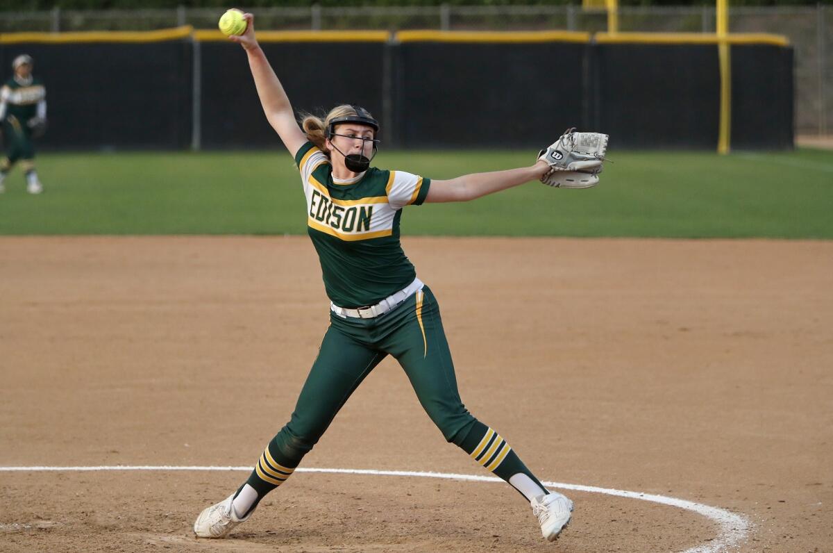 Edison's Jenna Bloom pitches for the Green team during the fifth inning of the Orange County Softball Coaches All-Star Classic on Tuesday at Deanna Manning Stadium in Irvine.