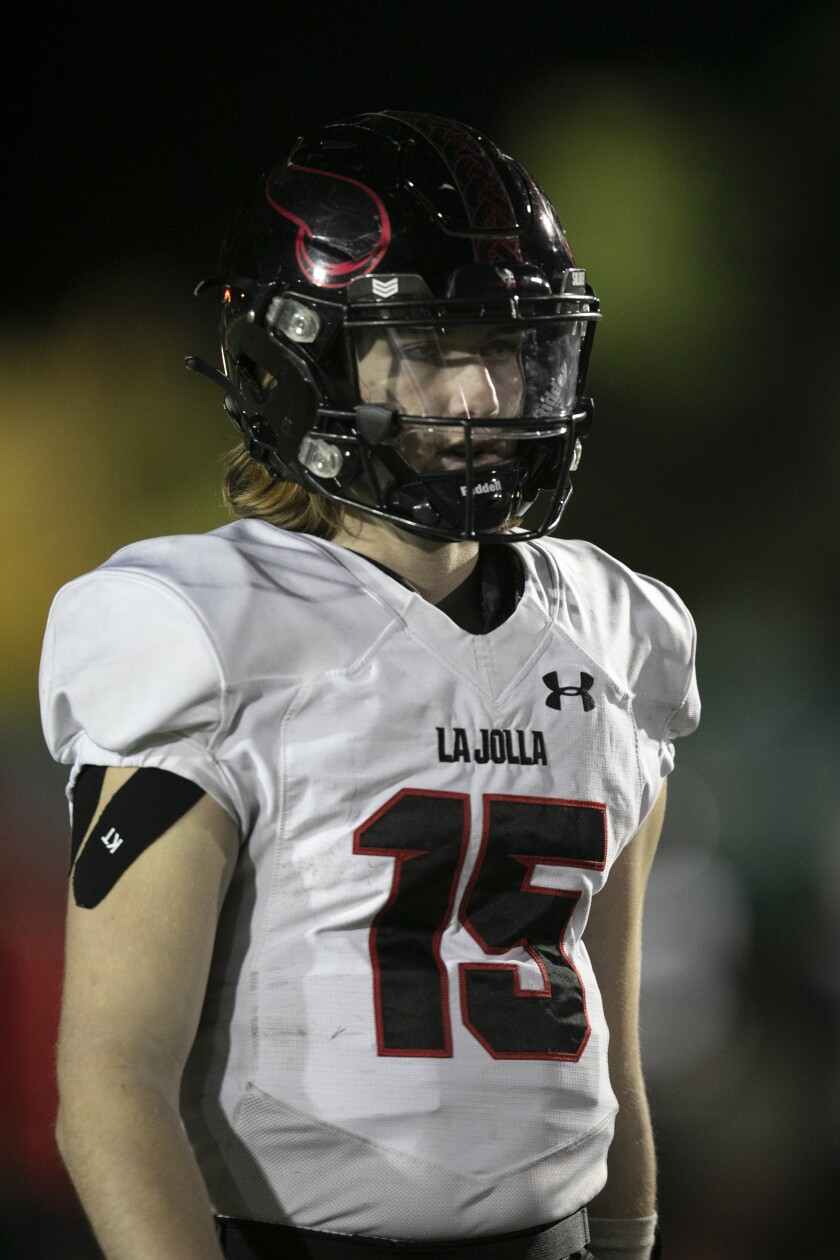 La Jolla quarterback Jackson Stratton watches from the sideline during the Vikings' loss in the Division II title game.