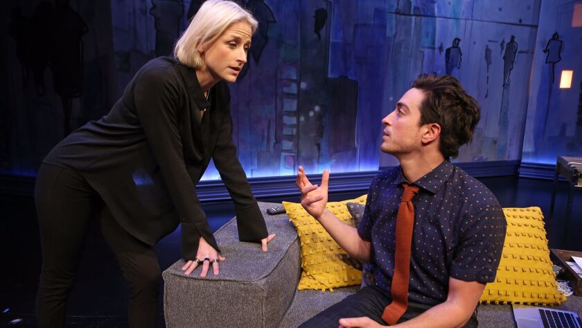 Mamie Gummer is Alice, and Ben Feldman is the ex, Ethan, in Michael Mitnick's new play "The Siegel" at South Coast Repertory in Costa Mesa.