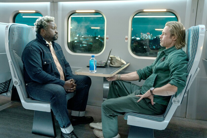 Bryan Tyree Henry, left, and Brad Pitt in a scene from "Bullet Train."