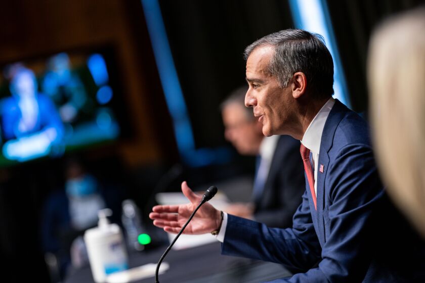 WASHINGTON, DC - DECEMBER 14: Los Angeles Mayor Eric Garcetti appears before a Senate Committee on Foreign Relations hearing for his nomination to be Ambassador to the Republic of India on Capitol Hill on Tuesday, Dec. 14, 2021 in Washington, DC. (Kent Nishimura / Los Angeles Times)