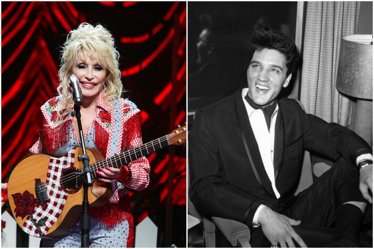 Separate pictures of Dolly Parton with a guitar onstage and Elvis Presley sitting and smiling in a black jacket